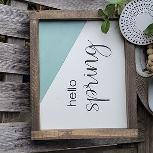 HELLO SPRING framed farmhouse wooden colorblock sage + white wall art
